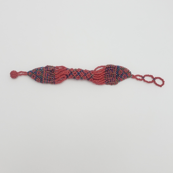 New Boho Red Seed Bead Patterned Bracelet - Picture 6 of 6